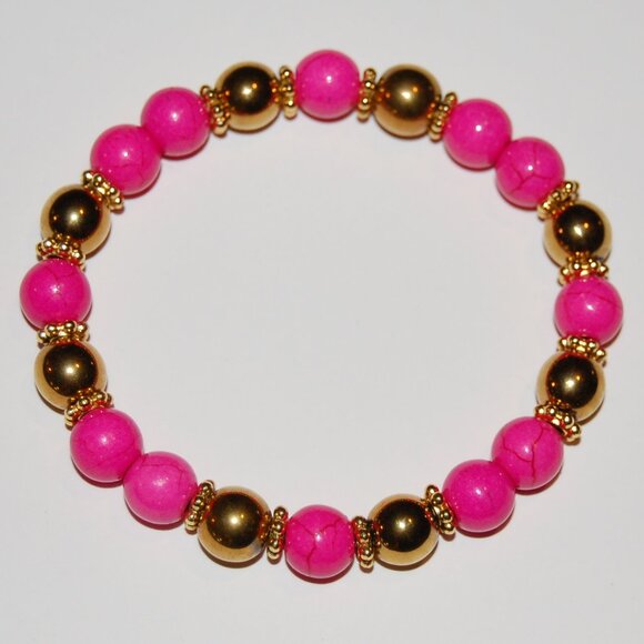 Pink and Gold Bracelet,Stone and Golden 8mm Beads,Handmade Bracelet - Picture 1 of 2